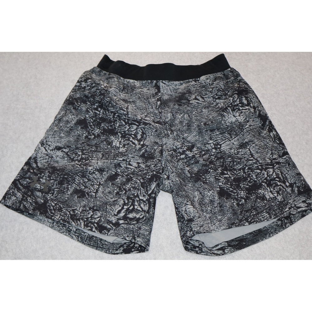 Under Armour Athletic Shorts Mens Small Gray Black HeatGear Fitted Abstract Gym